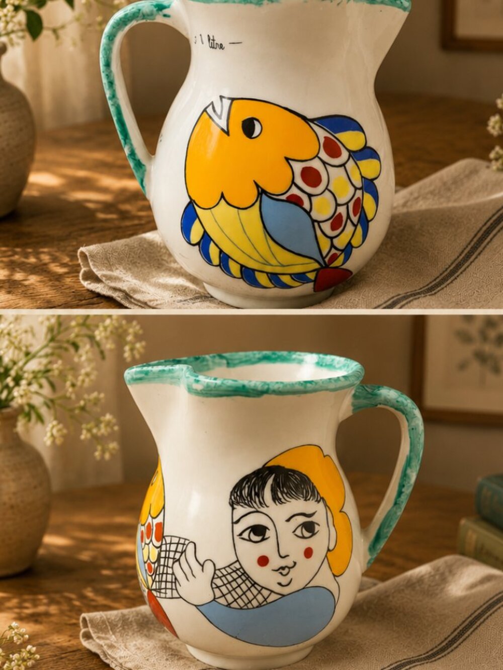 DESIMONE Italy Hand Painted Ceramic Pitcher. Fishing Theme | UNSIGNED